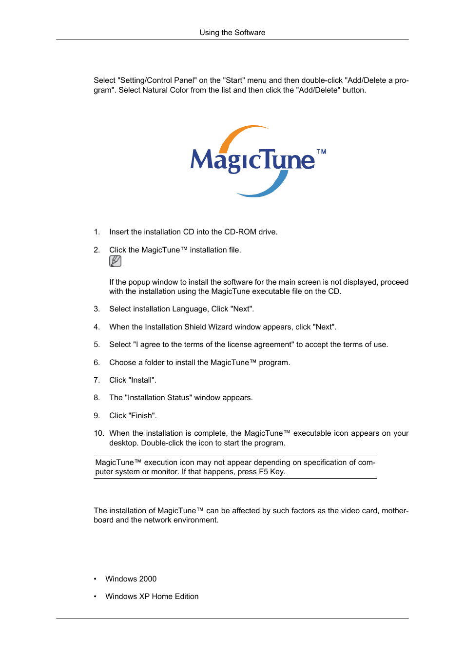 How to delete the natural color software program, Magictune, Installation | Installation problems, System requirements | Samsung 2343NW User Manual | Page 29 / 75