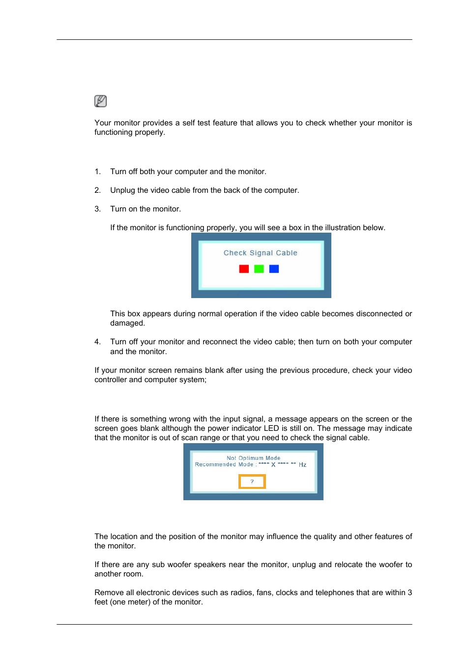 Troubleshooting, Self-test feature check, Warning messages | Environment | Samsung 2343NW User Manual | Page 54 / 75