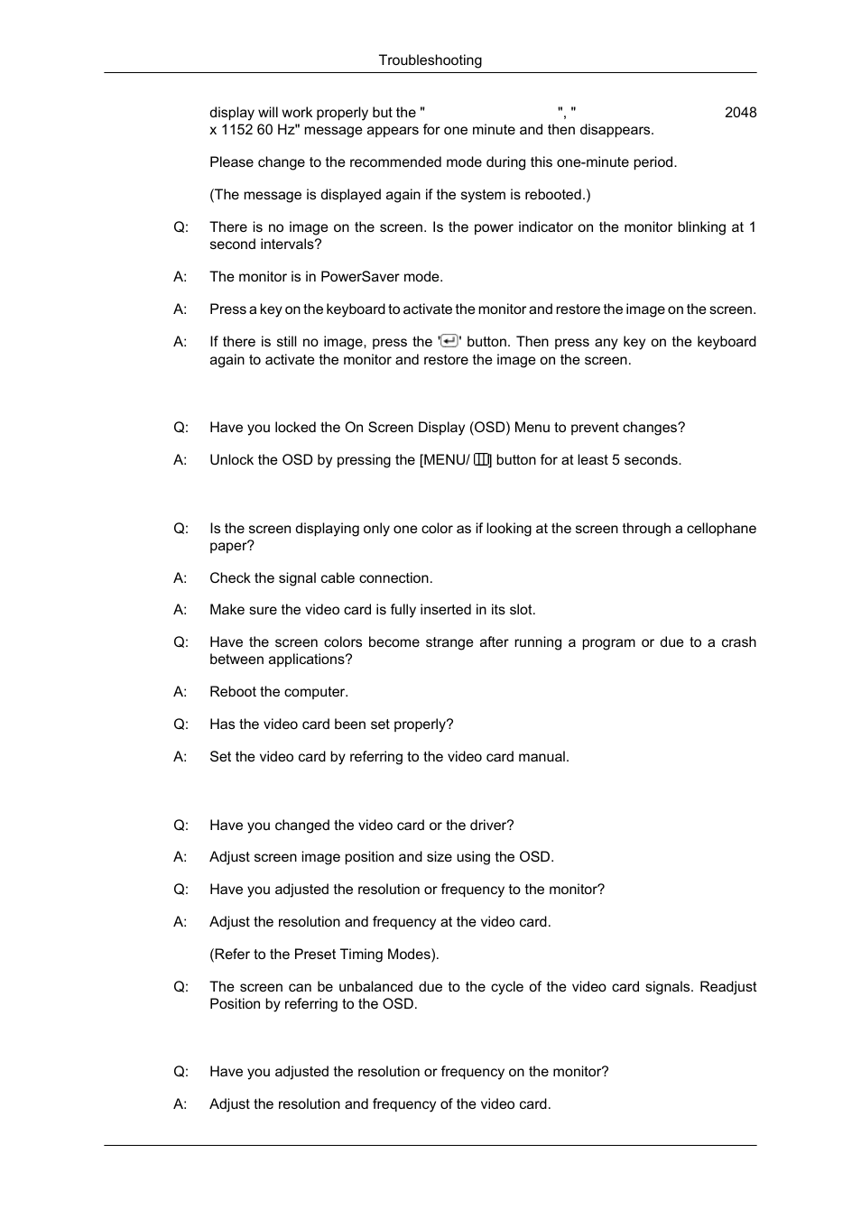 I cannot see the on screen display, The screen suddenly has become unbalanced | Samsung 2343NW User Manual | Page 56 / 75