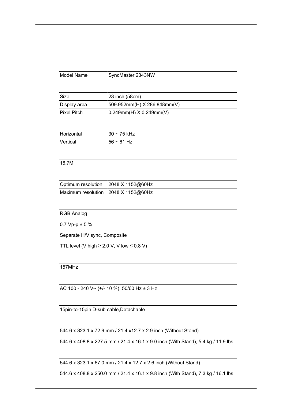 Specifications, General | Samsung 2343NW User Manual | Page 60 / 75