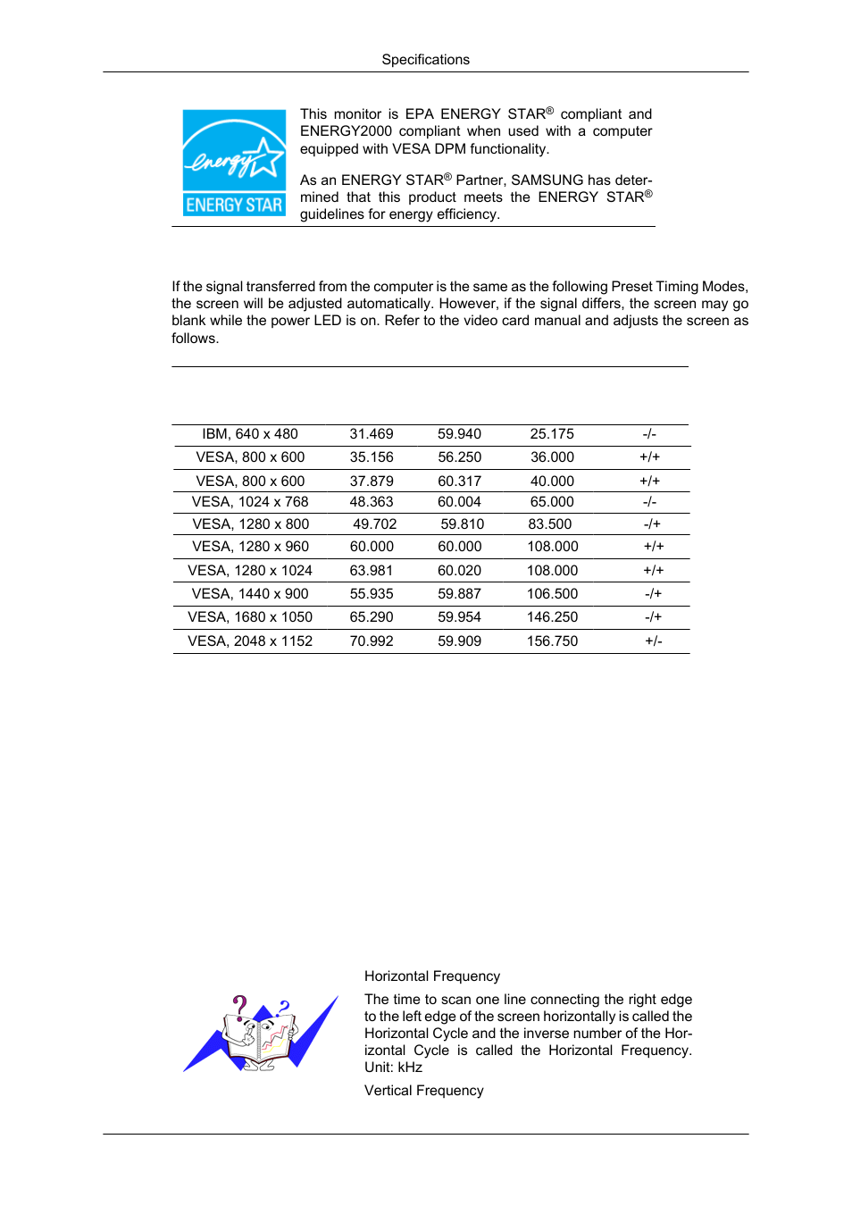 Preset timing modes | Samsung 2343NW User Manual | Page 62 / 75