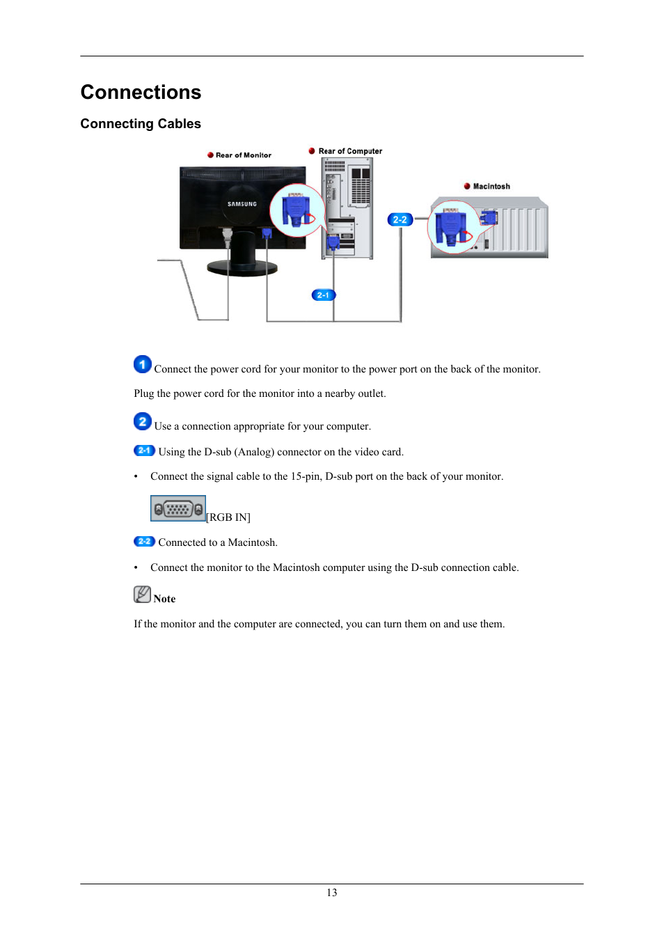 Connections, Connecting cables | Samsung 2043NW User Manual | Page 14 / 69