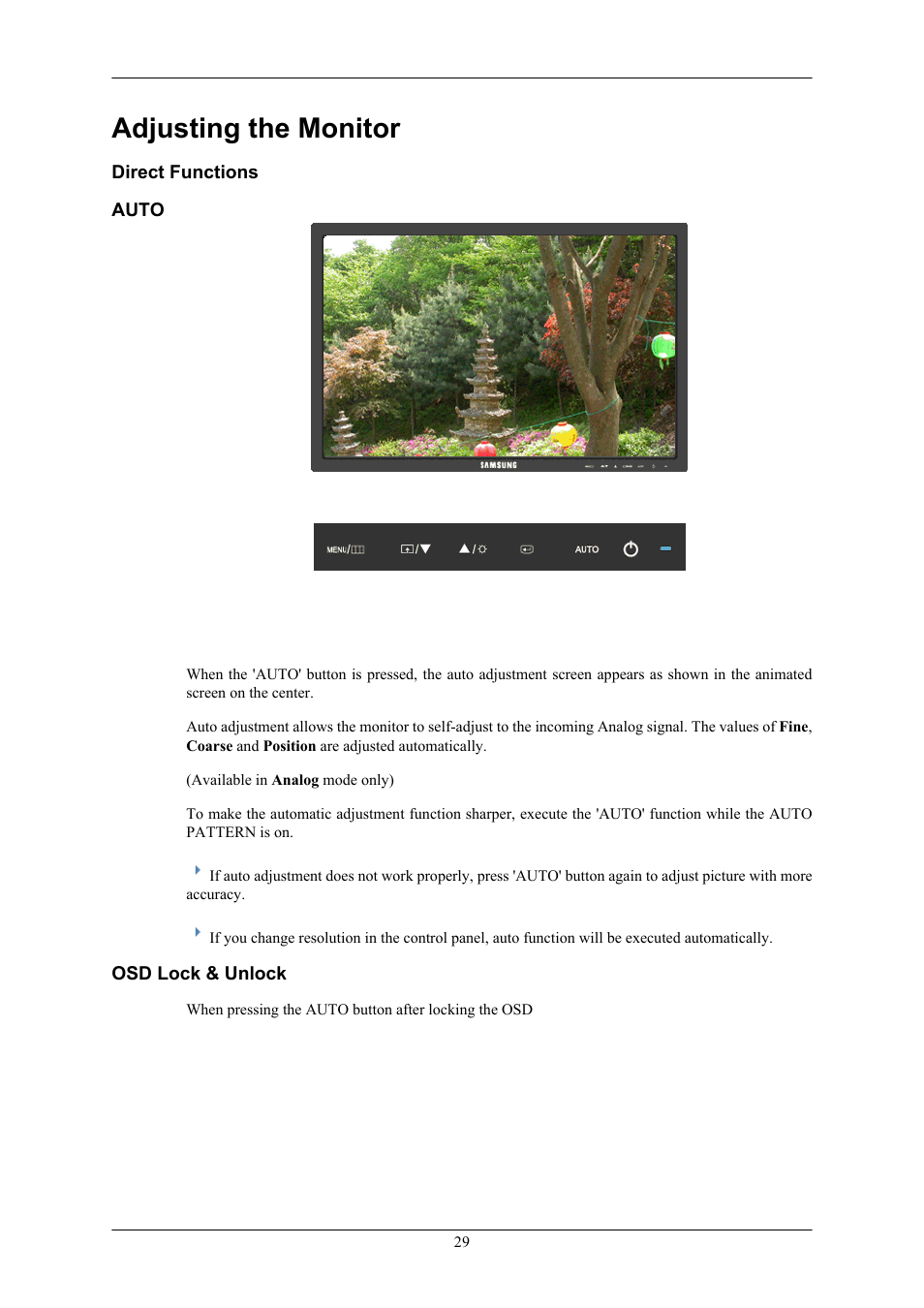 Adjusting the monitor, Direct functions, Auto | Osd lock & unlock | Samsung 2043NW User Manual | Page 30 / 69