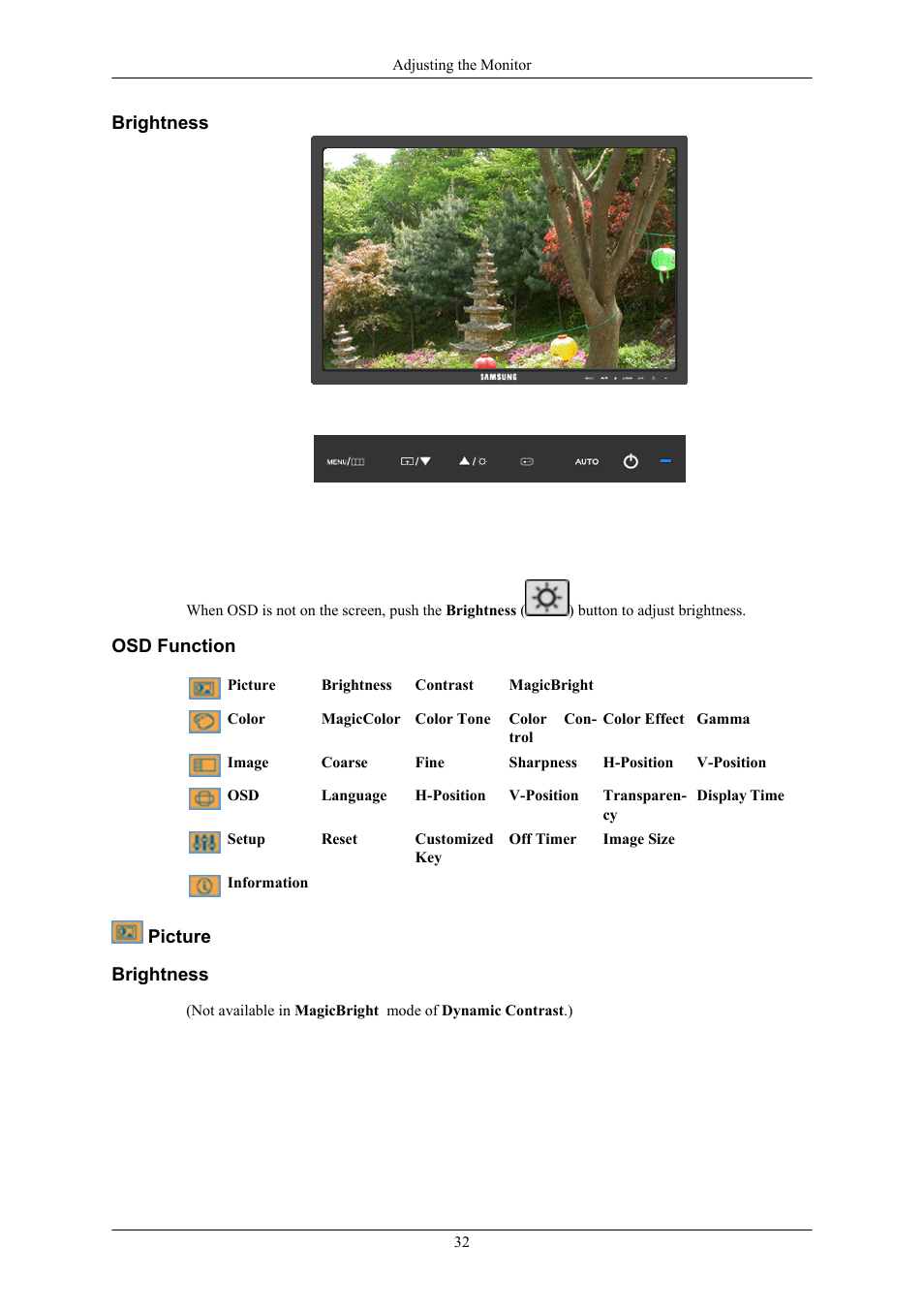 Brightness, Osd function, Picture | Samsung 2043NW User Manual | Page 33 / 69