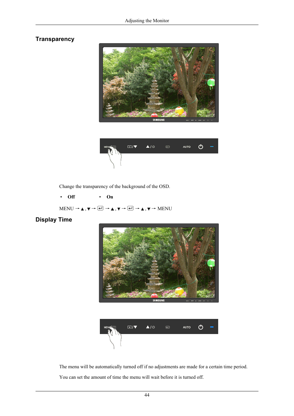 Transparency, Display time | Samsung 2043NW User Manual | Page 45 / 69