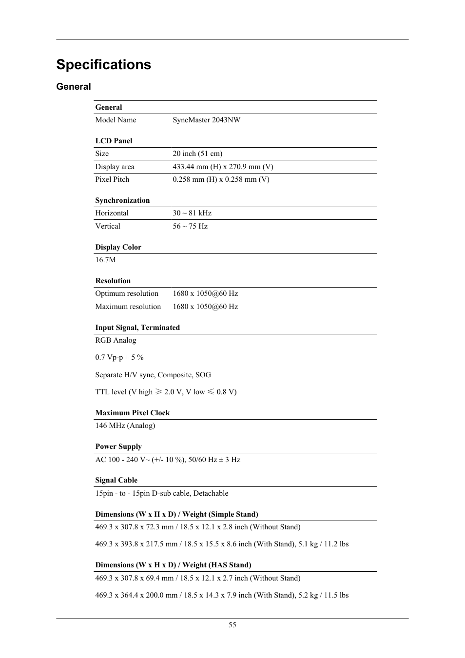 Specifications, General | Samsung 2043NW User Manual | Page 56 / 69