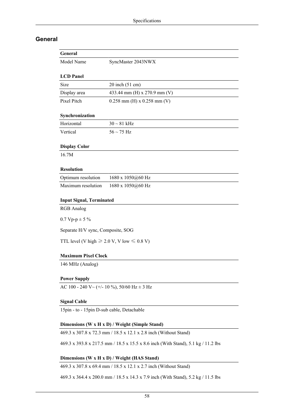 General | Samsung 2043NW User Manual | Page 59 / 69