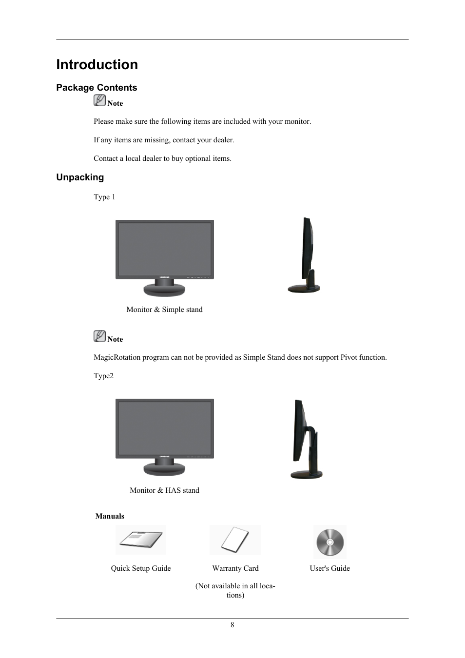 Introduction, Package contents, Unpacking | Samsung 2043NW User Manual | Page 9 / 69