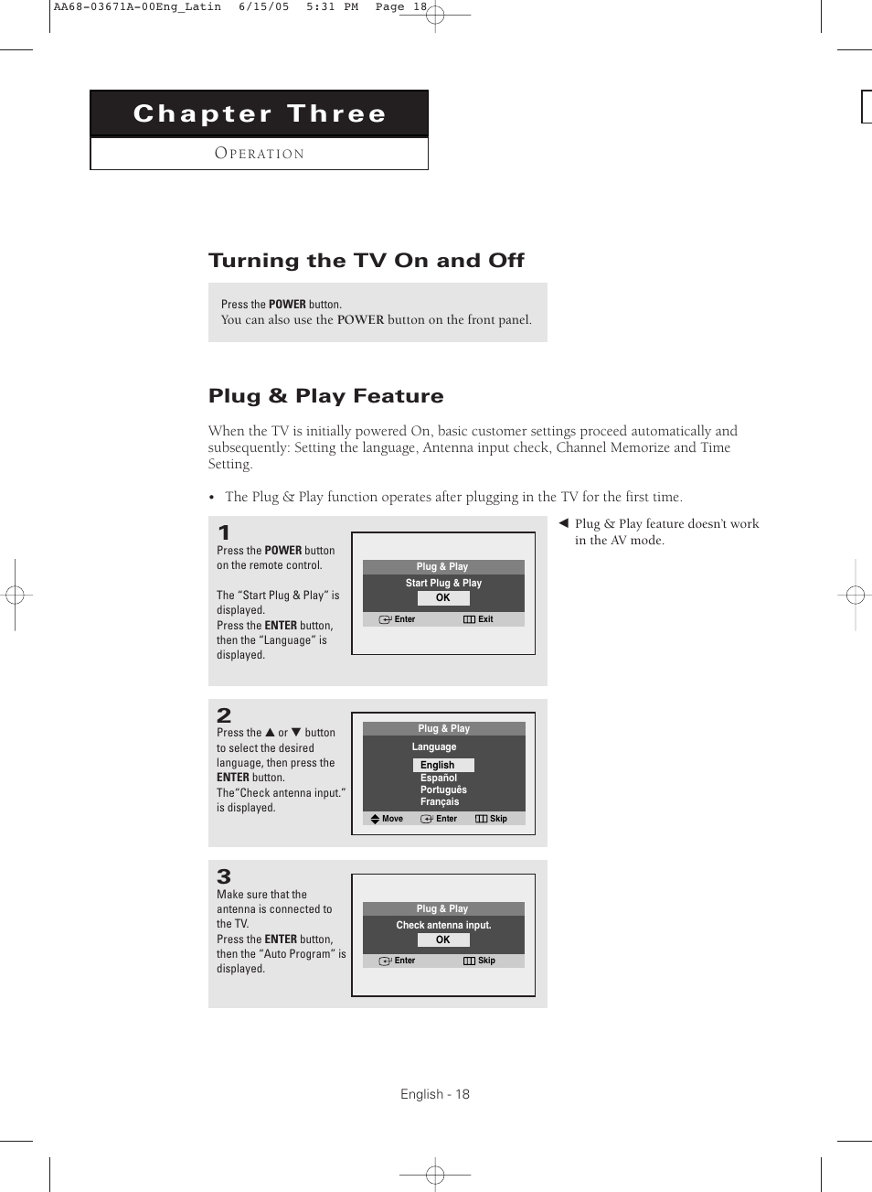 Chapter three : operation, Turning the tv on and off, Plug & play feature | Samsung CL21M21  EN User Manual | Page 18 / 60
