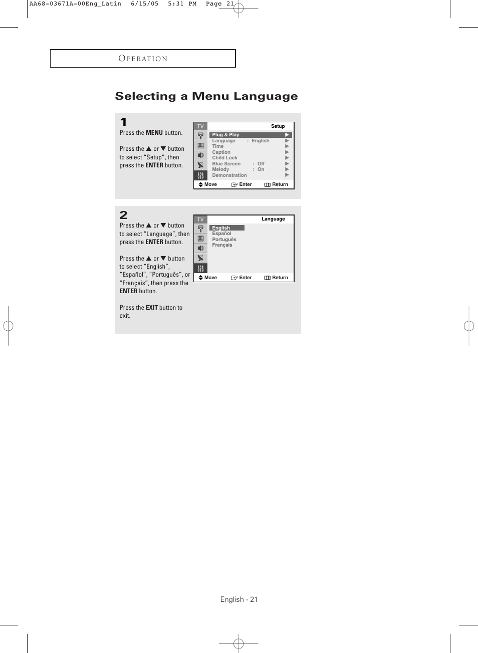 Selecting a menu language | Samsung CL21M21  EN User Manual | Page 21 / 60