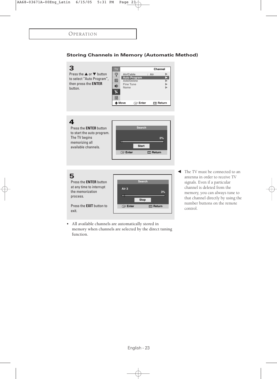 Storing channels in memory (automatic method) | Samsung CL21M21  EN User Manual | Page 23 / 60