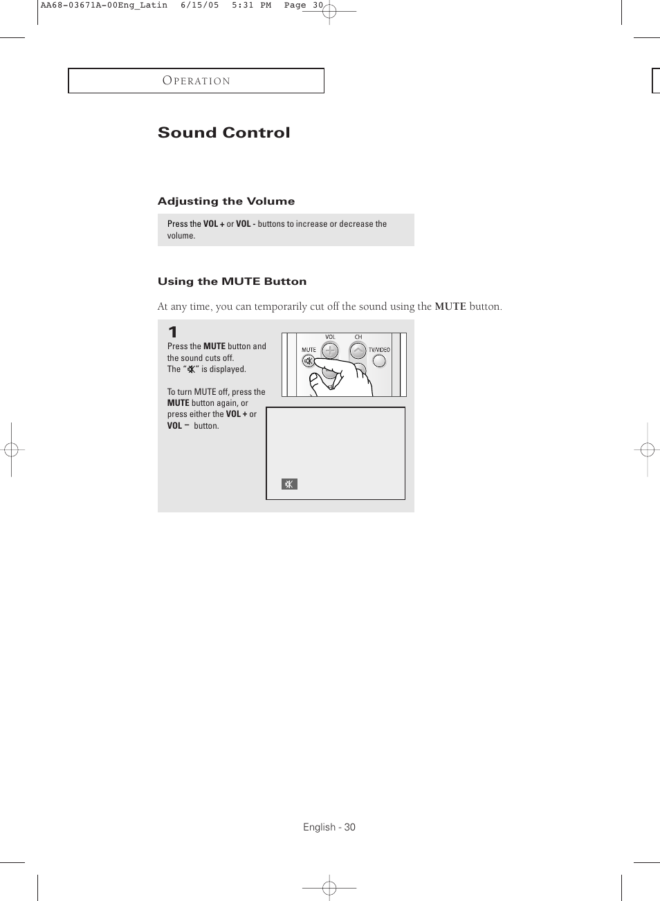 Sound control, Adjusting the volume, Using the mute button | Samsung CL21M21  EN User Manual | Page 30 / 60