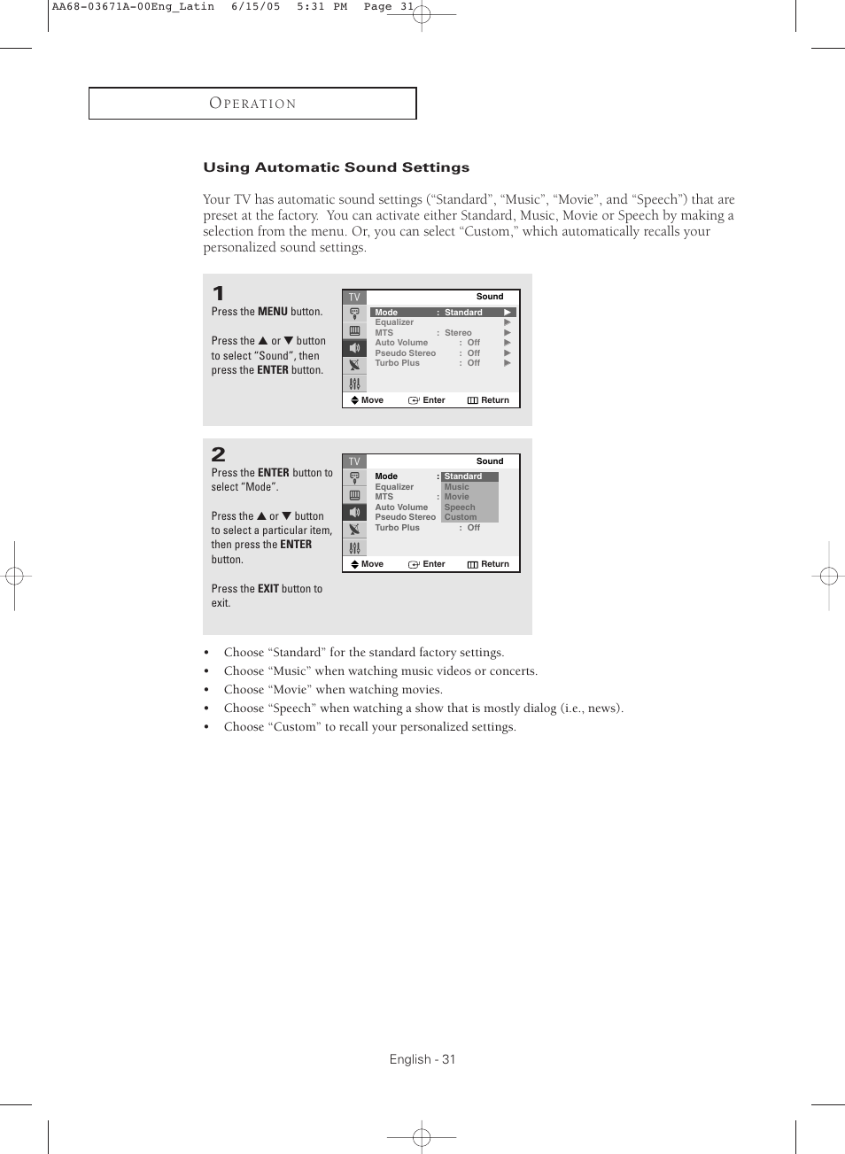 Using automatic sound settings | Samsung CL21M21  EN User Manual | Page 31 / 60