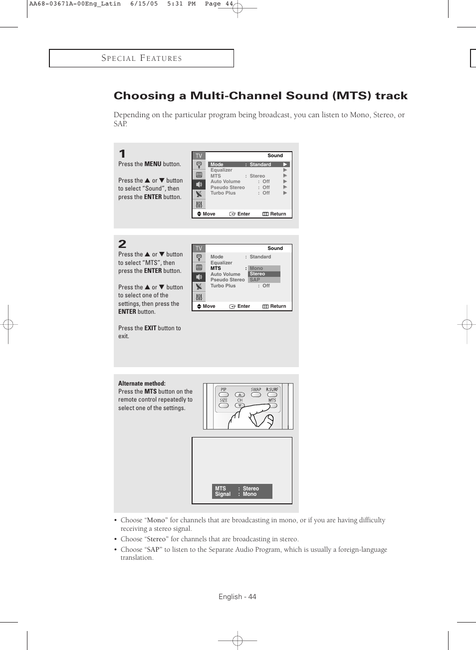 Choosing a multi-channel sound (mts) track | Samsung CL21M21  EN User Manual | Page 44 / 60