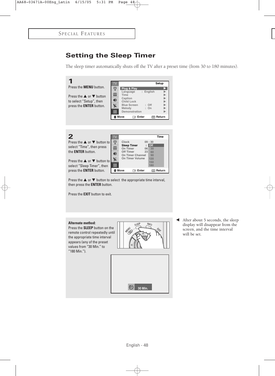 Setting the sleep timer | Samsung CL21M21  EN User Manual | Page 48 / 60