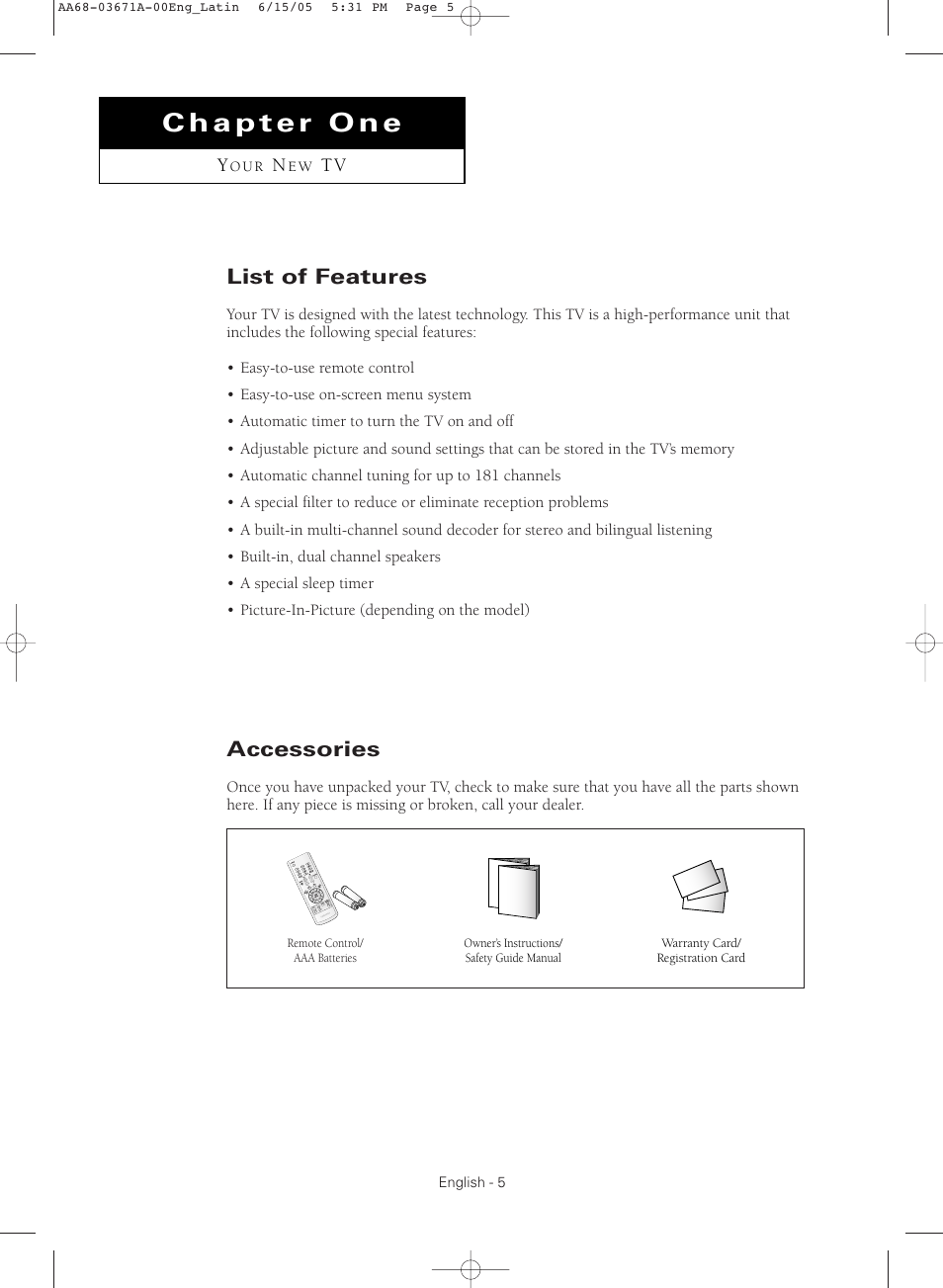 Chapter one : your new tv, List of features, Accessories | Samsung CL21M21  EN User Manual | Page 5 / 60