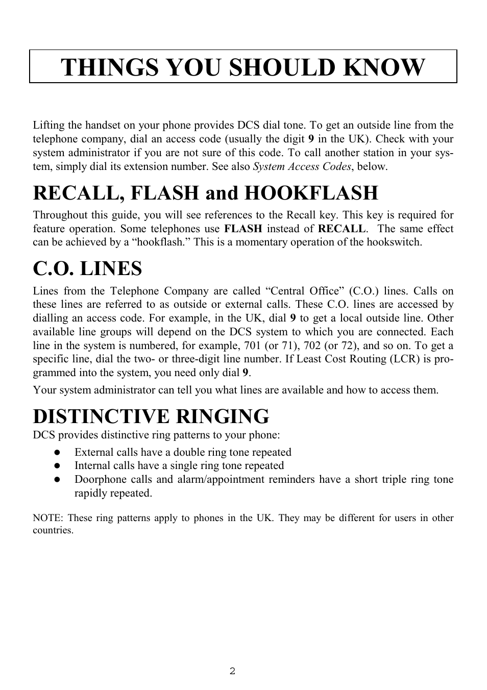 Things you should know, Recall, flash and hookflash, C.o. lines | Distinctive ringing | Samsung SINGLE LINE TELEPHONE User Manual | Page 10 / 31