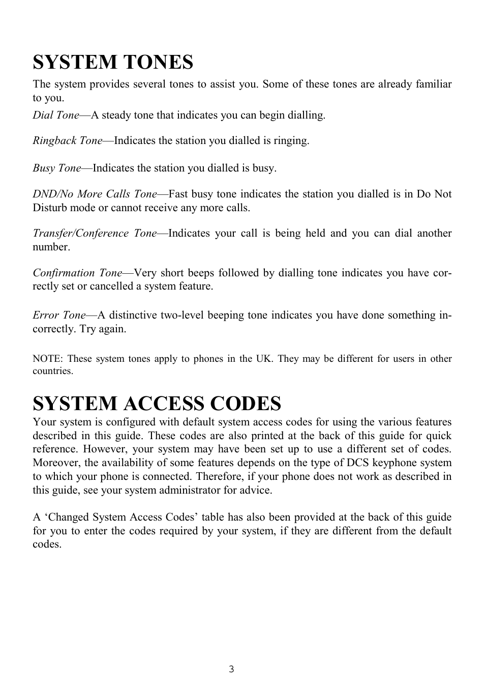 System tones, System access codes | Samsung SINGLE LINE TELEPHONE User Manual | Page 11 / 31