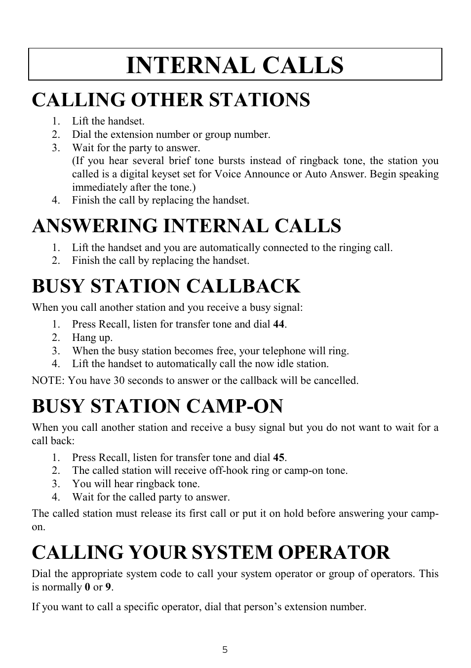 Internal calls, Calling other stations, Answering internal calls | Busy station callback, Busy station camp-on, Calling your system operator | Samsung SINGLE LINE TELEPHONE User Manual | Page 13 / 31