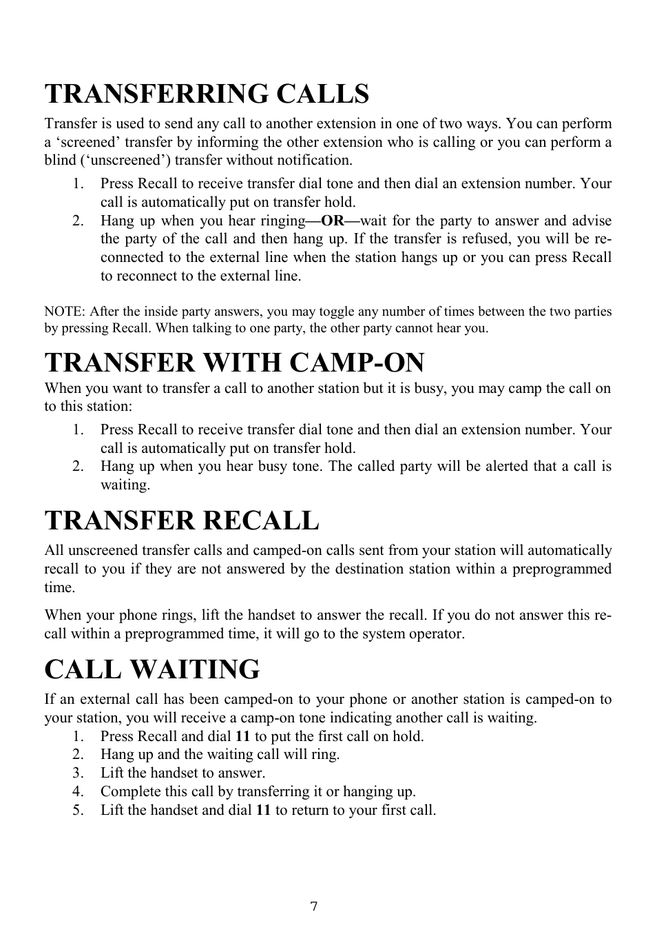 Transferring calls, Transfer with camp-on, Transfer recall | Call waiting | Samsung SINGLE LINE TELEPHONE User Manual | Page 15 / 31