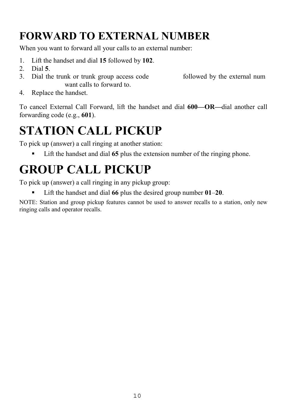 Forward to external number, Station call pickup, Group call pickup | Samsung SINGLE LINE TELEPHONE User Manual | Page 18 / 31