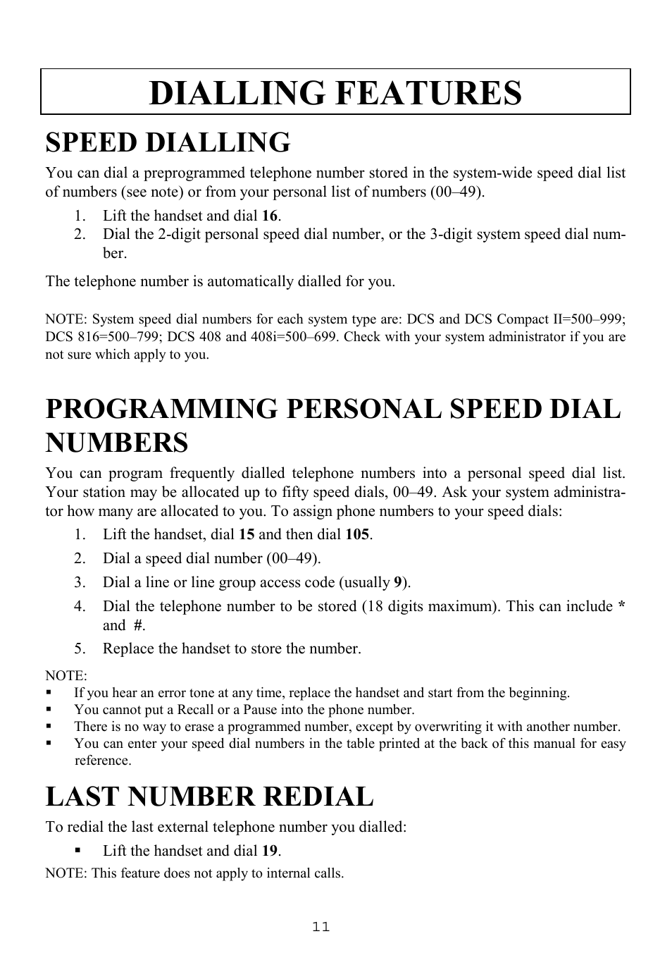 Dialling features, Speed dialling, Programming personal speed dial numbers | Last number redial | Samsung SINGLE LINE TELEPHONE User Manual | Page 19 / 31