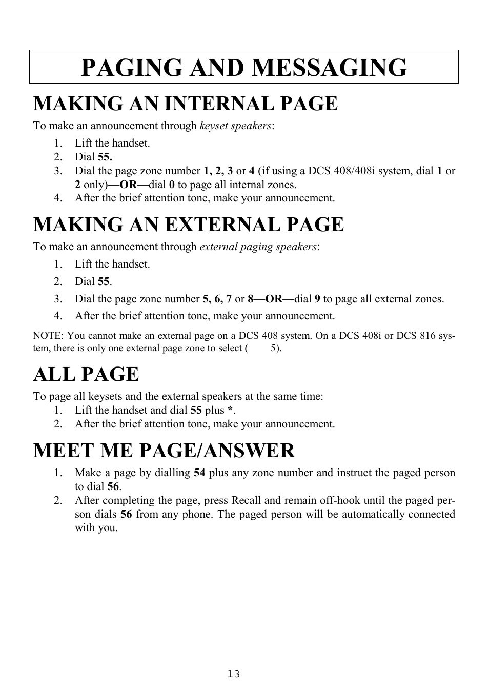 Paging and messaging, Making an internal page, Making an external page | All page, Meet me page/answer | Samsung SINGLE LINE TELEPHONE User Manual | Page 21 / 31