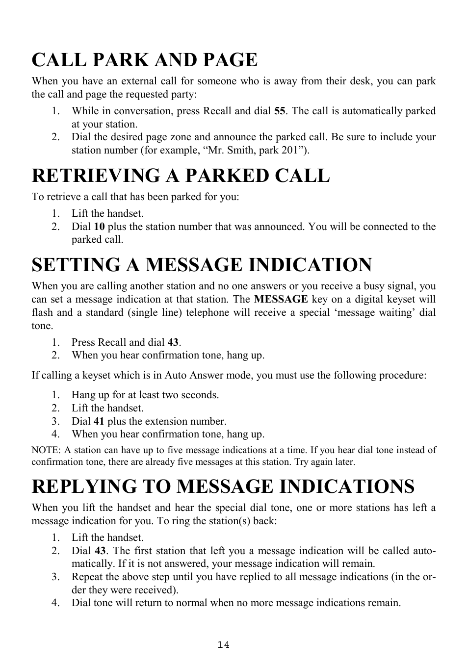 Retrieving a parked call, Setting a message indication, Replying to message indications | Call park and page | Samsung SINGLE LINE TELEPHONE User Manual | Page 22 / 31