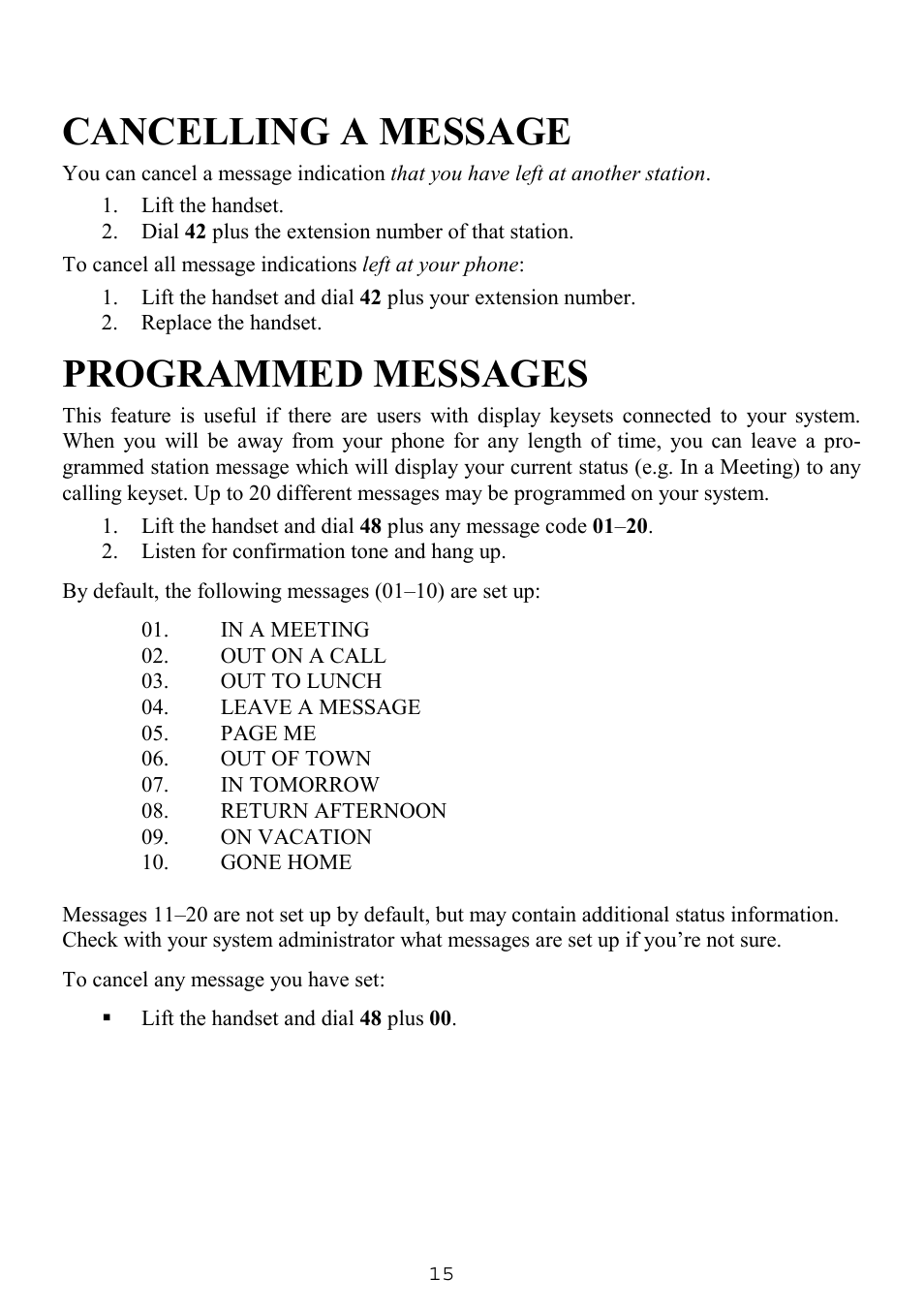 Cancelling a message, Programmed messages | Samsung SINGLE LINE TELEPHONE User Manual | Page 23 / 31