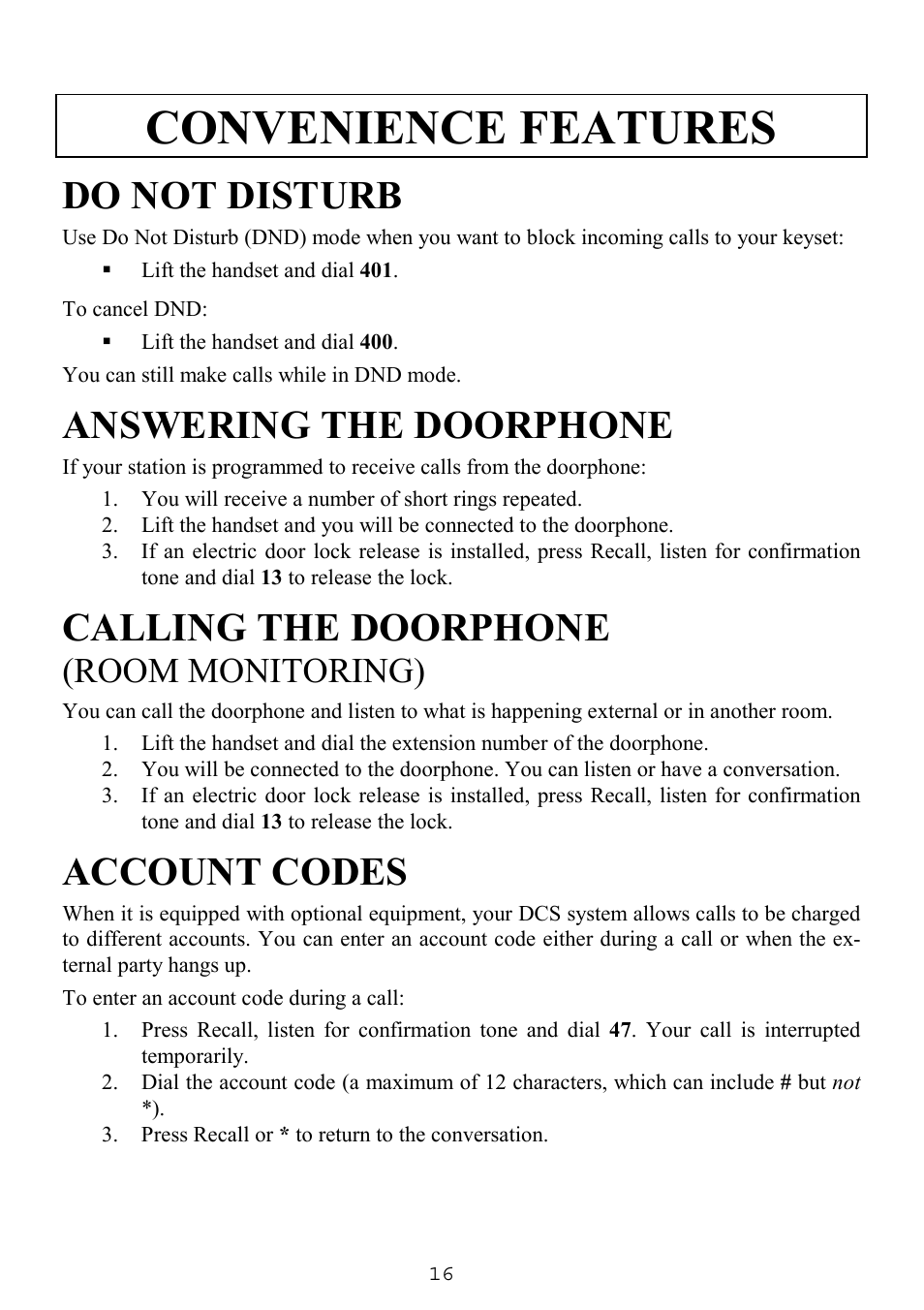 Convenience features, Do not disturb, Answering the doorphone | Calling the doorphone, Account codes, Room monitoring) | Samsung SINGLE LINE TELEPHONE User Manual | Page 24 / 31