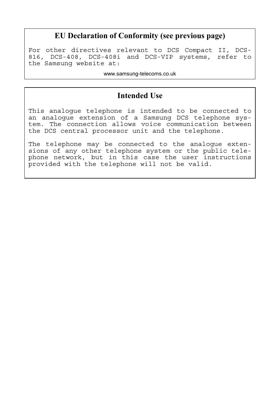 Intended use, Eu declaration of conformity (see previous page) | Samsung SINGLE LINE TELEPHONE User Manual | Page 4 / 31