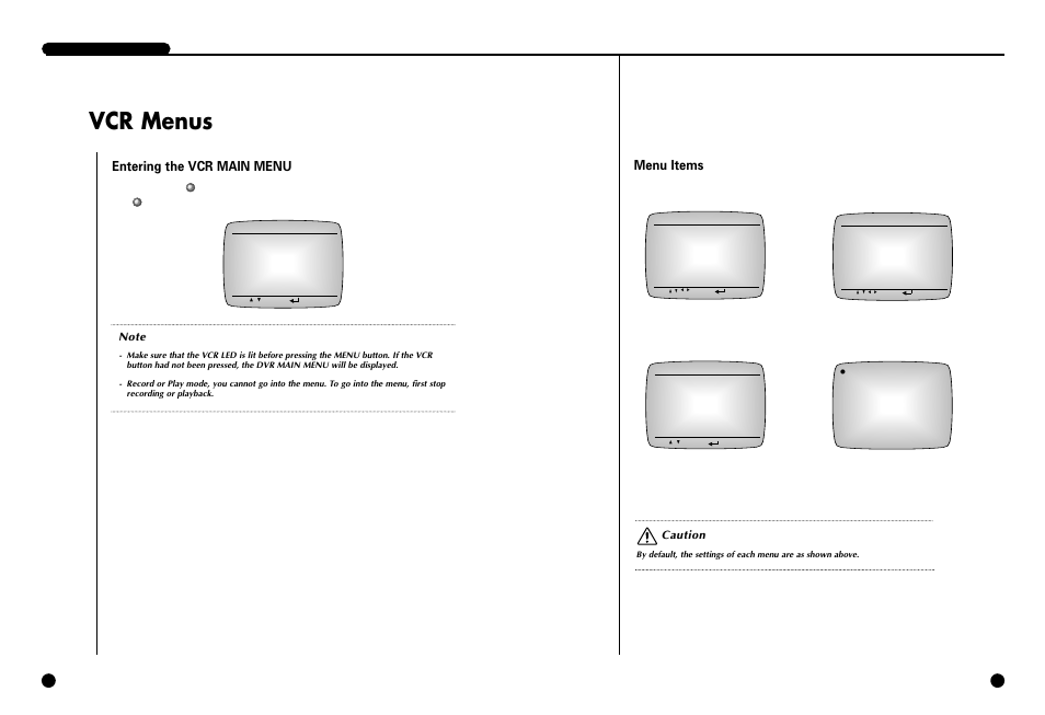 Vcr menus, Entering the vcr main menu, Menu items | Samsung SIR-S4120R User Manual | Page 29 / 52