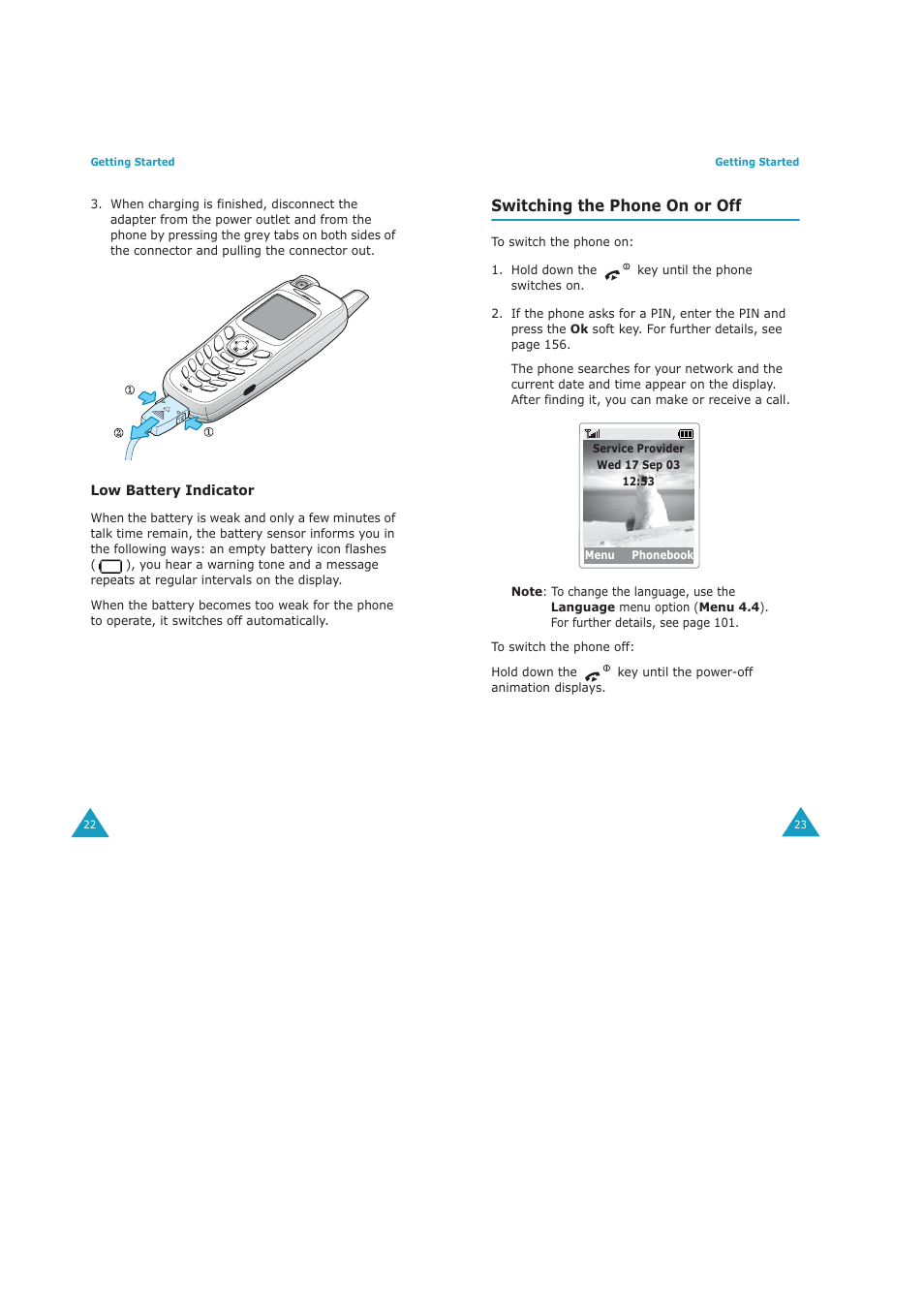 Switching the phone on or off | Samsung GH68-04434A User Manual | Page 13 / 93