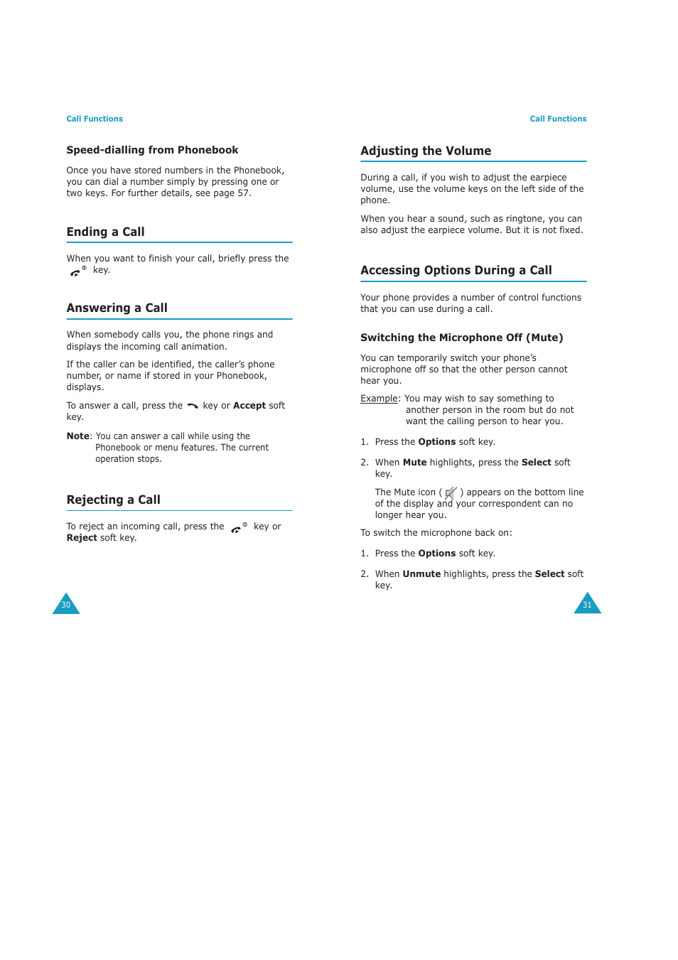 Ending a call, Answering a call, Rejecting a call | Adjusting the volume, Accessing options during a call | Samsung GH68-04434A User Manual | Page 17 / 93