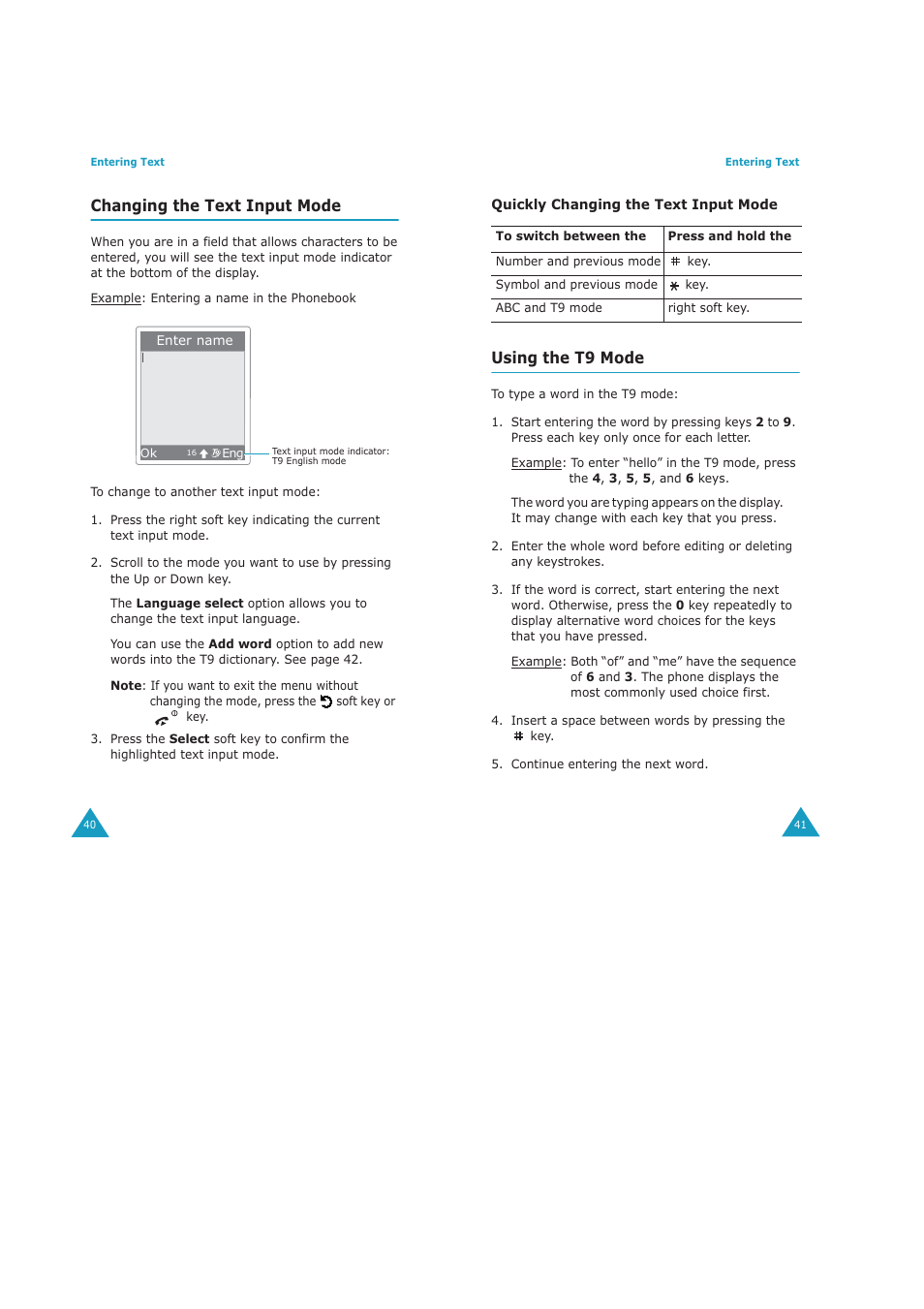 Changing the text input mode, Using the t9 mode | Samsung GH68-04434A User Manual | Page 22 / 93