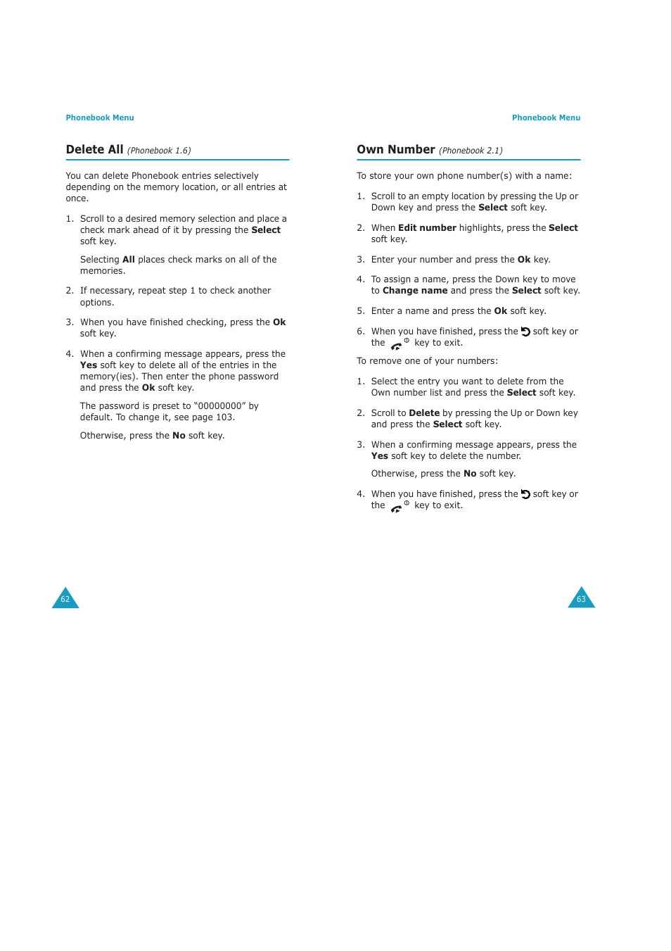 Delete all, Own number | Samsung GH68-04434A User Manual | Page 33 / 93