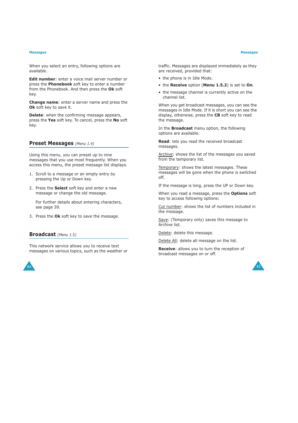 Preset messages, Broadcast | Samsung GH68-04434A User Manual | Page 44 / 93