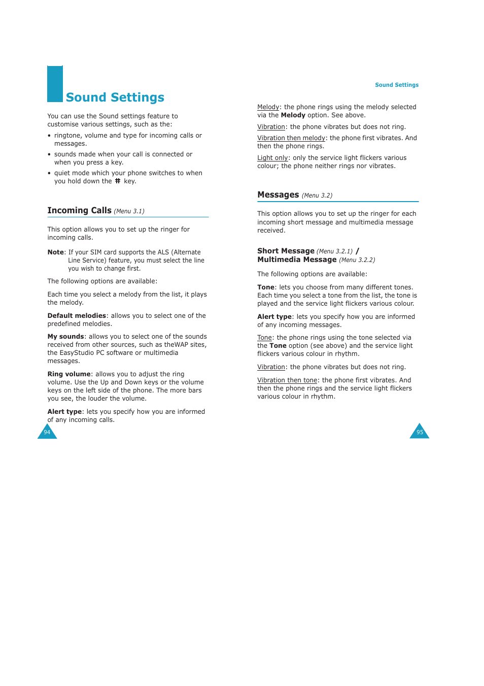 Sound settings, Incoming calls, Messages | Samsung GH68-04434A User Manual | Page 49 / 93