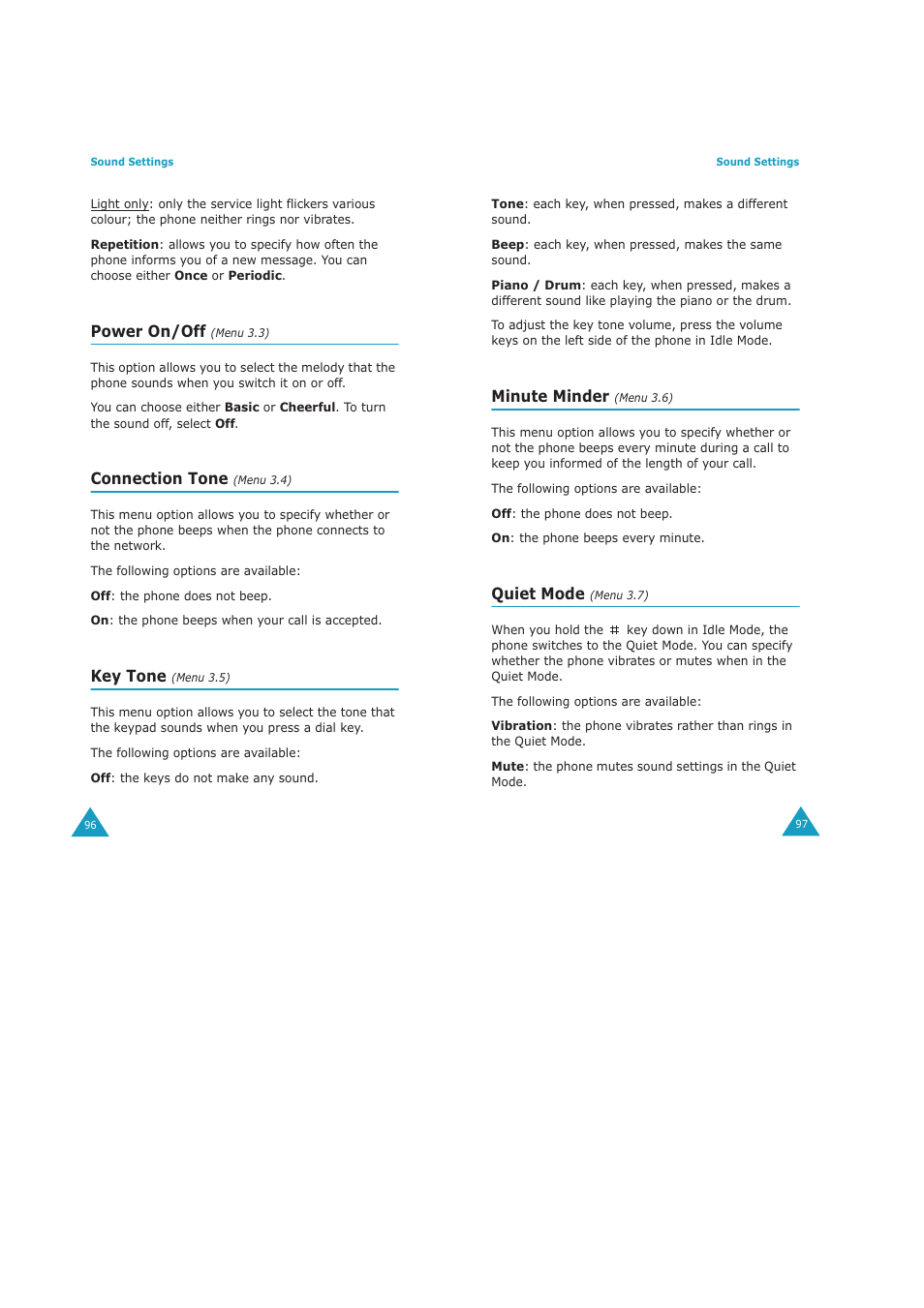 Power on/off, Connection tone, Key tone | Minute minder, Quiet mode | Samsung GH68-04434A User Manual | Page 50 / 93