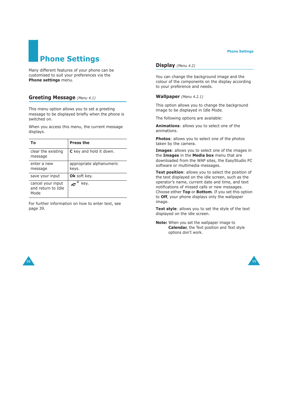 Phone settings, Greeting message, Display | Samsung GH68-04434A User Manual | Page 51 / 93