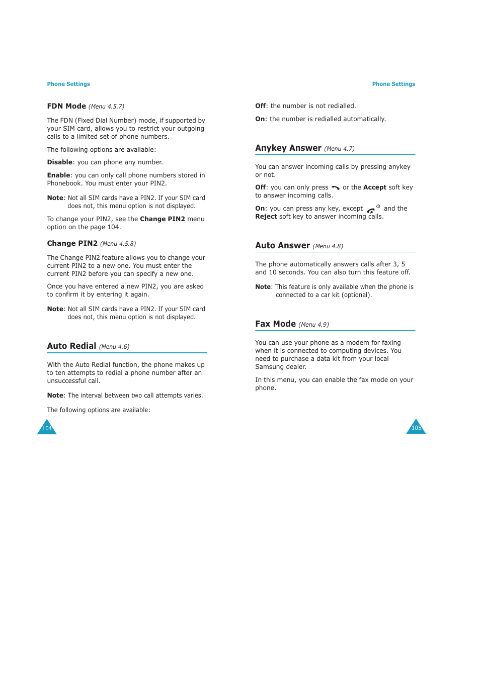 Auto redial, Anykey answer, Auto answer | Fax mode | Samsung GH68-04434A User Manual | Page 54 / 93