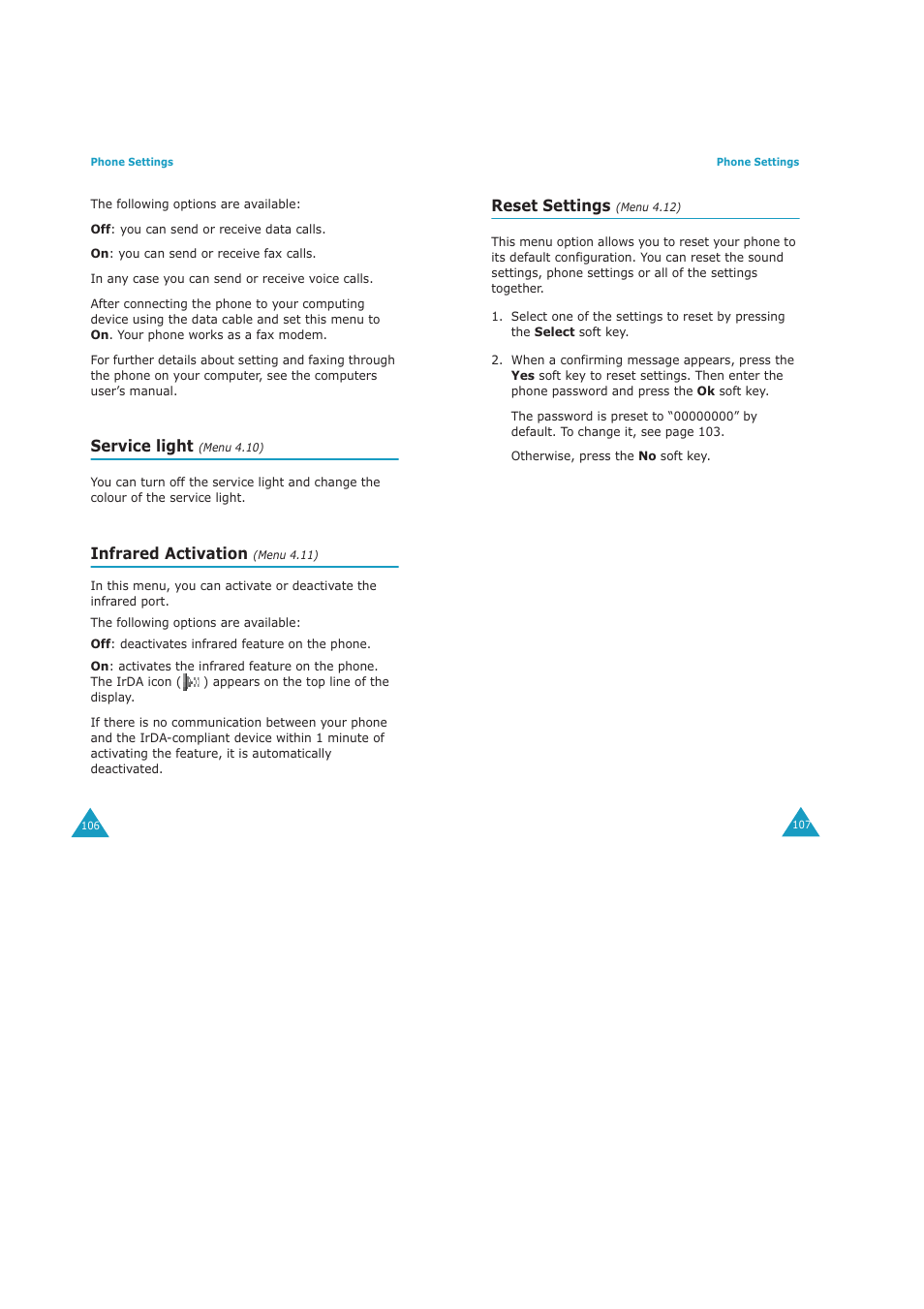 Service light, Infrared activation, Reset settings | Samsung GH68-04434A User Manual | Page 55 / 93