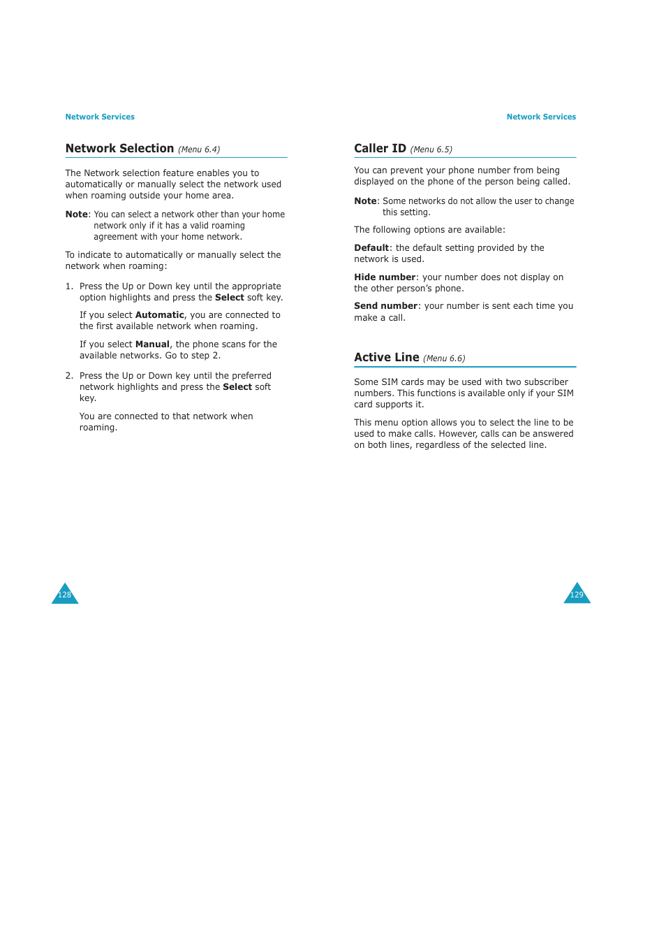 Network selection, Caller id, Active line | Samsung GH68-04434A User Manual | Page 66 / 93
