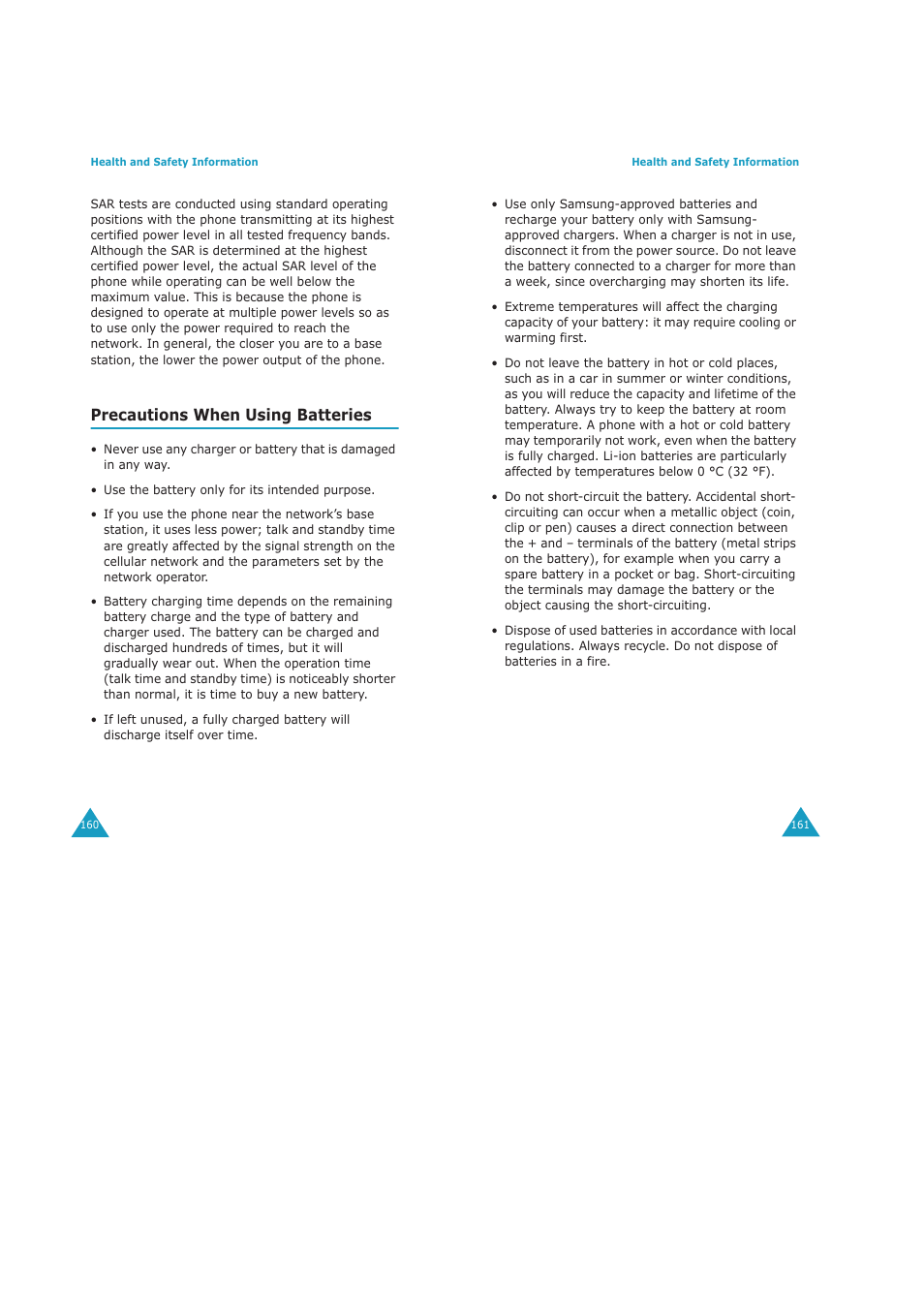 Precautions when using batteries | Samsung GH68-04434A User Manual | Page 82 / 93