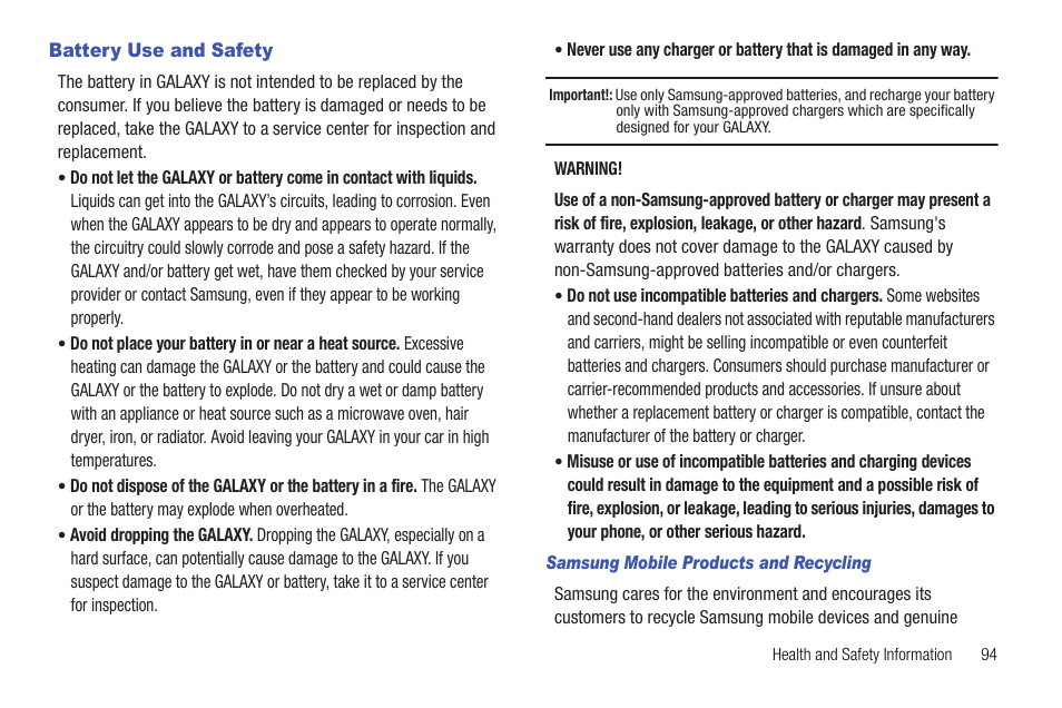 Battery use and safety | Samsung 10.1 User Manual | Page 101 / 123