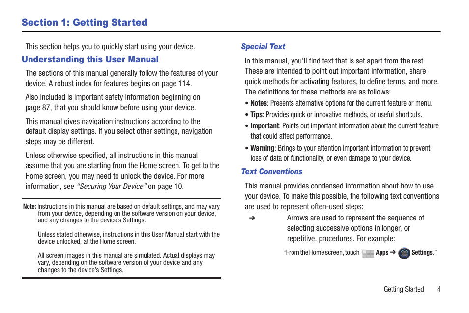 Section 1: getting started, Understanding this user manual | Samsung 10.1 User Manual | Page 11 / 123