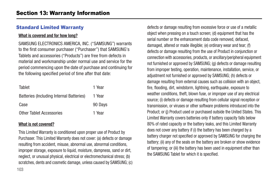 Section 13: warranty information, Standard limited warranty | Samsung 10.1 User Manual | Page 110 / 123