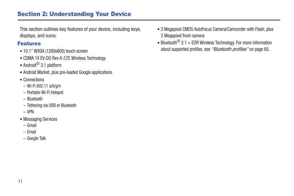 Section 2: understanding your device, Features | Samsung 10.1 User Manual | Page 18 / 123