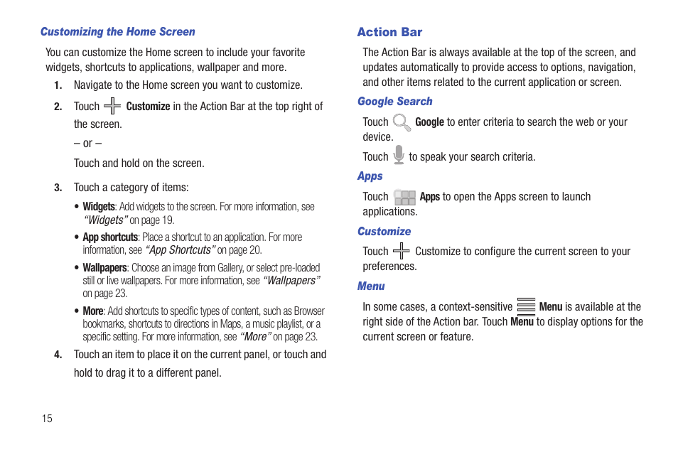 Action bar | Samsung 10.1 User Manual | Page 22 / 123