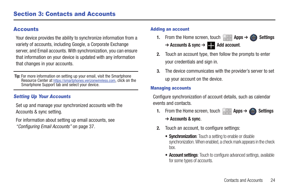 Section 3: contacts and accounts, Accounts | Samsung 10.1 User Manual | Page 31 / 123